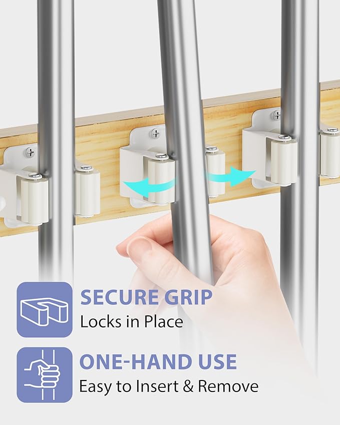 FANGSUN Broom Holder Door Mount Hanging, Over The Door Broom and Mop Organizer with 4 Slots and 4 Hooks, Wooden Tool Rack Storage Hanger for Laundry, Closet, Garage, No Drills