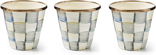 MACKENZIE-CHILDS Enamel Herb Pots, Small Plant Pots for Herbs or Flowers, Set of 3, Gray-and-White Sterling Check