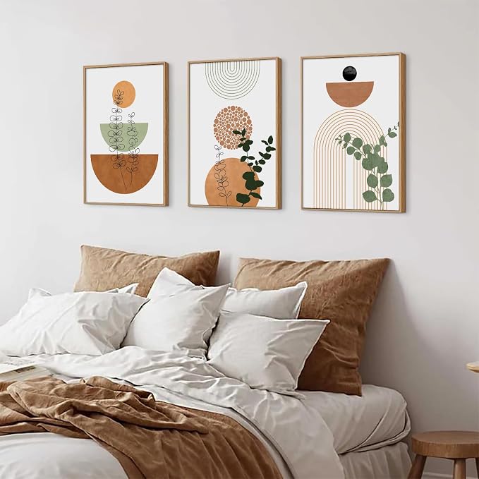 SIKERIC Framed Boho Wall Art Set of 3, (24x36 Inch) Neutral Boho Canvas Wall Art Prints, Mid Century Modern Wall Art Decor, Geometric Bohemian Art Painting for Living Room, Bedroom, Office