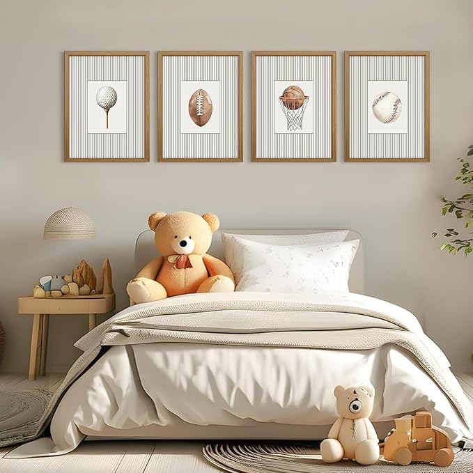 Sports Wall Art Decor Toddler Boys Room Canvas Prints Vintage Sports Nursery Wall Decor Kids Poster Football Baseball Pictures Basketball Golf Painting Artwork for Bedroom 8x10x4 Inch Wood Framed