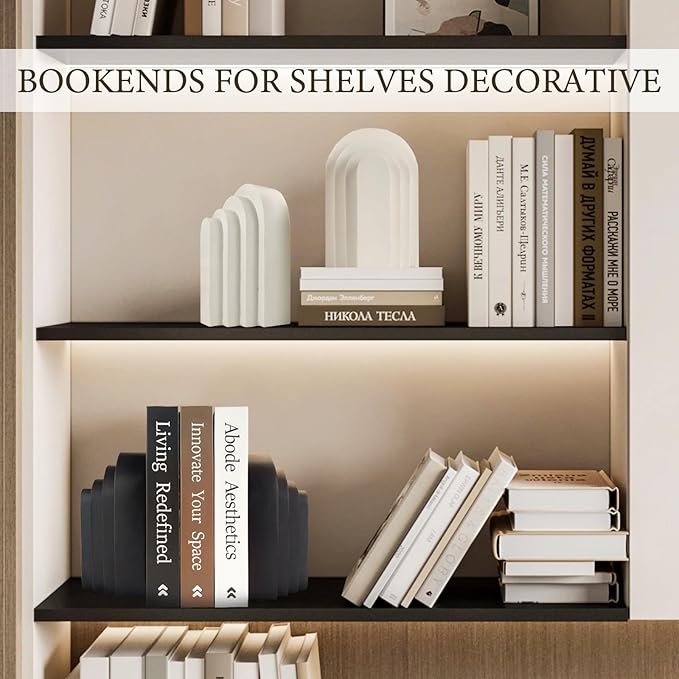 Book Ends for Heavy Books, Resin Decorative bookends, Heavy Duty Bookend for Shelves, Book Stopper for Shelves, Modern Home Decor Aesthetic Book Ends, Layered Arch Design Set of 2(Matte Black)