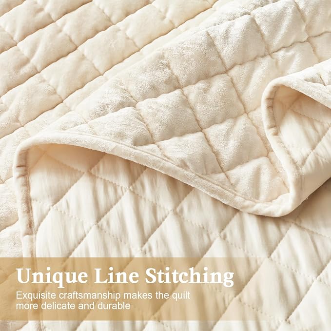 Cosybay Luxury Velvet Quilt Set Queen, Lightweight Oversized Bedspread Coverlet Quilted Box Stitch Bedding Set, with 2 Matching Pillow Shams, for All Season, Cream White