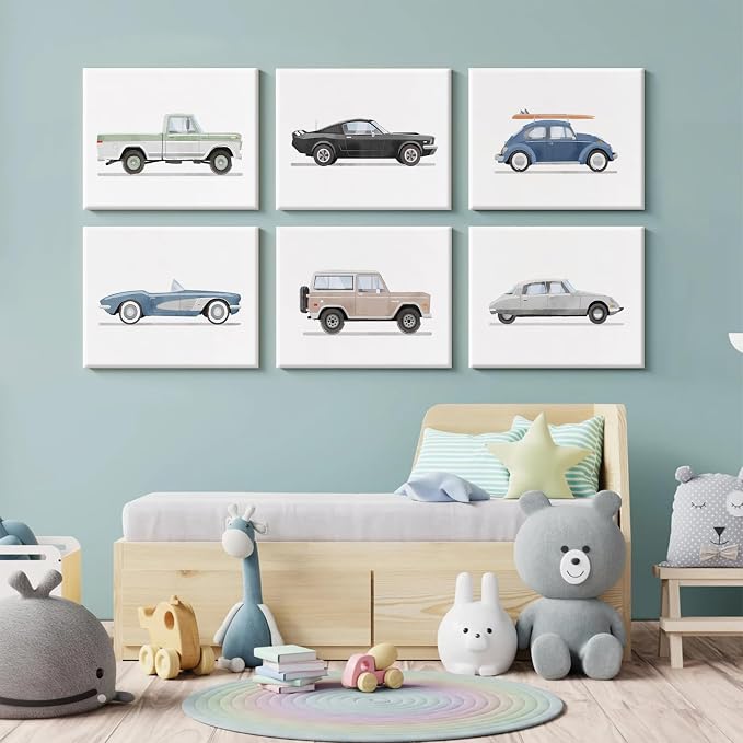 Blue Car Wall Art Decor Boys Room Wall Art Vintage Cars Canvas Poster Pictures Toddler Kids Room Prints Watercolor Vehicle Artwork Painting for Boys Bedroom Nursery 12x16 Inch Framed Set of 6