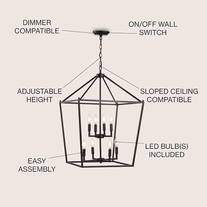 JONATHAN Y 20" Oil Rubbed Bronze Lantern Pendant Light, 8-Light Pagoda Style Metal Cage Farmhouse Hanging Ceiling Fixture for Kitchen Island, LED Bulb Included (JYL7438A)