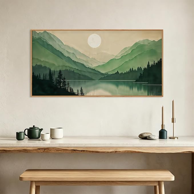 Watercolor Mountain Framed Canvas Wall Art Set, Boho Sun Forest Wall Decor, Green Scenery Wall Painting, Modern Woodland Artworks for Living Room, Bedroom, Dining Room, Office-20 x40x1