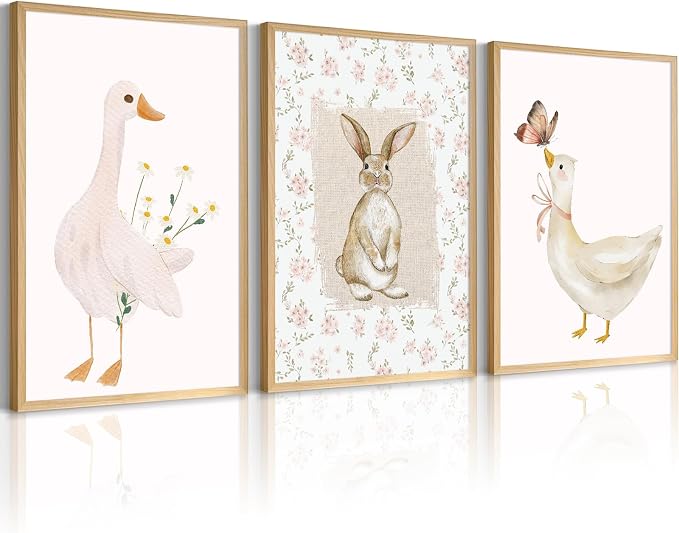Vintage Nursery Wall Art Goose Canvas Poster Coquette Wall Decor Baby Girl Painting Kids Poster Bunny Rabbit Prints Cute Animal Pictures Duck Artwork for Bedroom Living Room 12x16x3 Inch Unframed