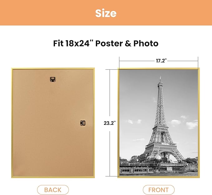 upsimples 18x24 Picture Frame Gold 3 Pack, Scratch-Proof Poster Frames 18 x 24 for Photo Gallery - Slide-In Strips, Horizontal or Vertical Wall Mounting