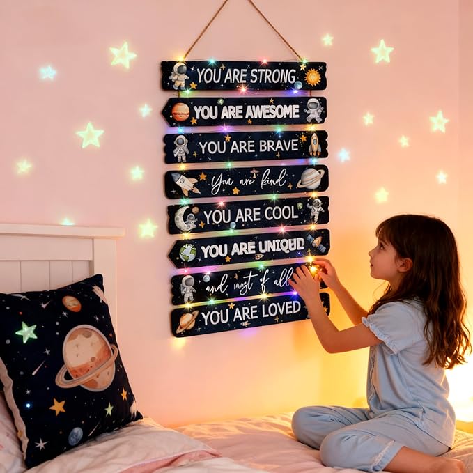 Space Wall Decor with LED Light Bedroom Boy Living Room Decor Inspirational Wall Art for Kids Room Decor Wood Wall Decorations Little Baby Nursery Room Decor Toddler Room Sign