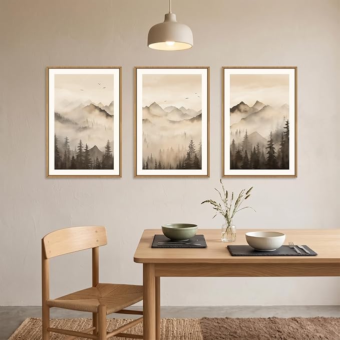 Nature Misty Forest Framed Canvas Wall Art Set, Foggy Landscape Wall Decor, Watercolor Pine Tree Wall Painting, Large Mountains Art Print for Living Room, Bedroom, Office - 16"X24"X3