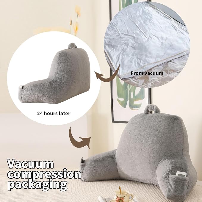 Soft Reading Pillow for Bed with Arms,Middle,Gray,Faux Fur | 17" Backrest with Arms for Gaming & Lounging,Oeko-TEX Certified Plush Back Pillow for Teens Room