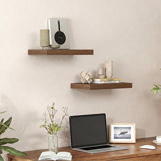 Heimlove 16 inchs Floating Shelves for Wall Set of 2,Walnut Shelf for Small Bathroom,Bedroom,Living Room,Kitchen,Modern Home Decor,Rustic Farmhouse Wall Shelves with Invisible Brackets