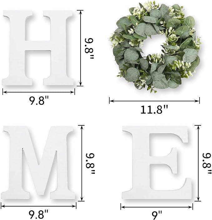 Pinkpum Wood Home Sign with Artificial Eucalyptus Wreath for O, Hanging Farmhouse Wall House Decor Wood Letters for Wall Art Rustic Home Decor, Wall Decor for Living Room Kitchen Entryway (White)