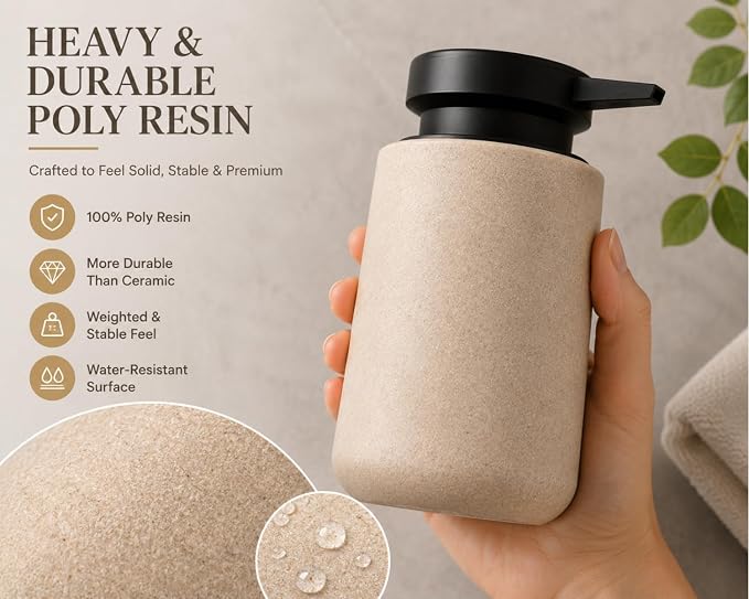 Clasin Home 3 Pcs Bathroom Accessories Set, Liquid Soap Dispenser with Large Pump, Toothbrush Holder Cup and Soap Dish, Sandstone Texture Bathroom Counter Set for Modern Home (Beige)