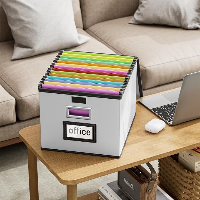 File Organizer Box with Lid, Collapsible Faux Leather Hanging File Folder Box Organizer with Plastic Slides, Decorative Home/Office Filing System Boxes for File and Folders Storage