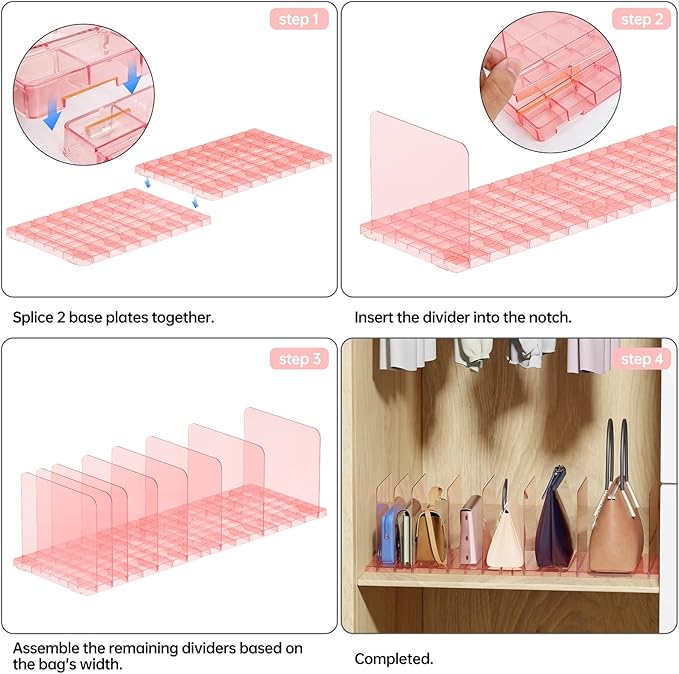 PAVSTINE Purse Organizer for Closet, Stackable Handbag Storage Shelf, Adjustable Clear Shelf Dividers, Keep Clutch, Bag, Pocketbook Upright, for Bedroom(Pink)