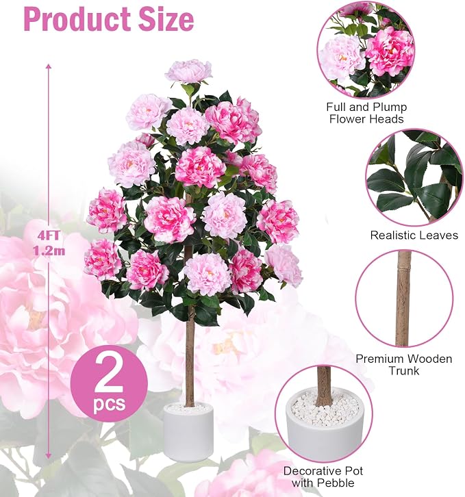 2 Pack 4FT Artificial Peony Tree, Fake Pink Trees for Outdoors Decor | 21 Blooming Peonies Flowers, Artificial Flowering Trees, For Front Door Porch Patio Living Room Office Indoor Outdoor Decor