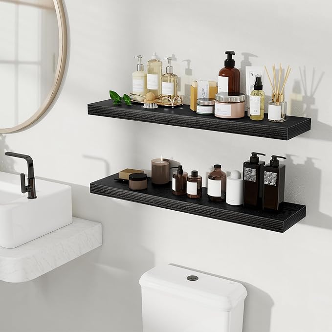 Fun Memories Floating Shelves for Wall, Rustic Wood Wall Mounted Shelves for Bathroom, Bedroom, Living Room & Kitchen, Storage Display Shelves, (Set of 2, Black, 32 in)