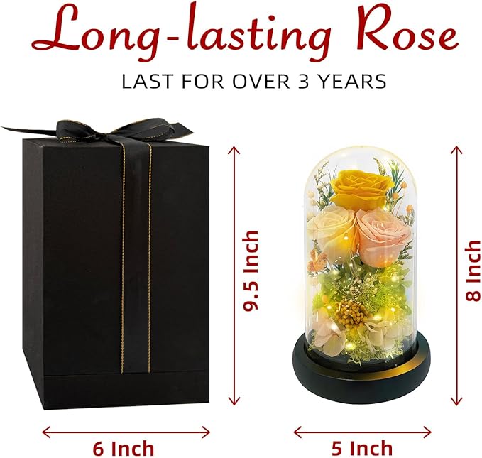 HipTree Preserved Yellow Rose in Glass Dome with LED Lights - Forever Eternal Real Rose Gifts for Women, Valentines Day Mothers Day Birthday Christmas Gift Wedding Anniversary for Mom Wife Girlfriend