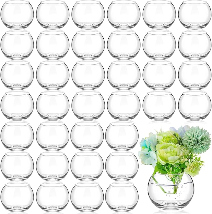 36 Pcs Glass Bubble Bowl Vase Bulk, Clear Round Glass Centerpiece Bowls for Valentine's Wedding Table Decor, Fish Flower Bud Vase Terrarium for Event Party DIY (3.5" h X 4.7" w)