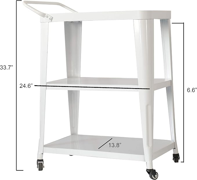 AC Pacific Harold 3-Tier Metal Rolling Cart with Swivel Rollers, Durable Utility Table on Wheels with Handle, All Metal Frame for Easy Mobility, Versatile Kitchen Stand for Bar or Serving Use, White