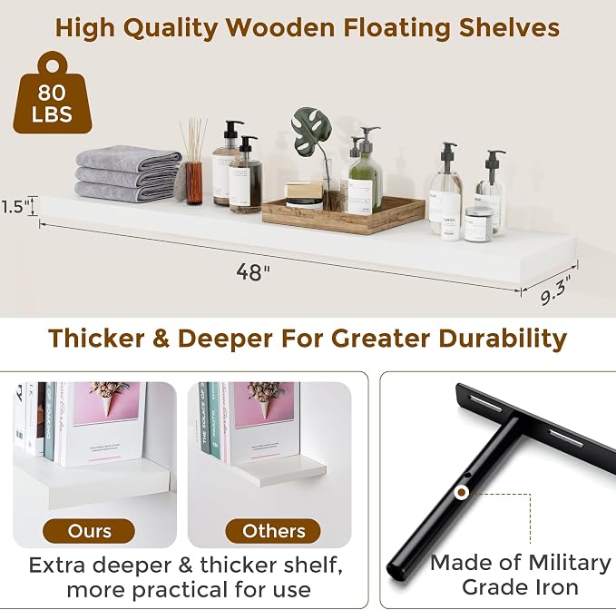 Floating Shelves for Wall, 48 inch Extra Long White Floating Shelves, 9.3in Deep Wall Floating Shelf for Living Room, Bathroom, Kitchen, Office, Floating TV Stand, Fireplace Mantel, 2 Packs