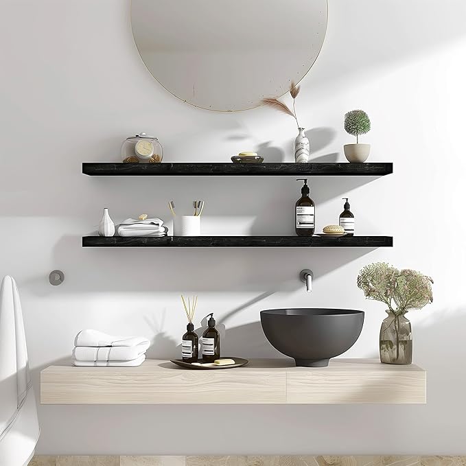 YYWUOJJ Wood Floating Shelves for Wall Decor, Rustic Wall Shelves for Bedroom Bathroom Kitchen Living Room, Set of 4 Black 36 Inch