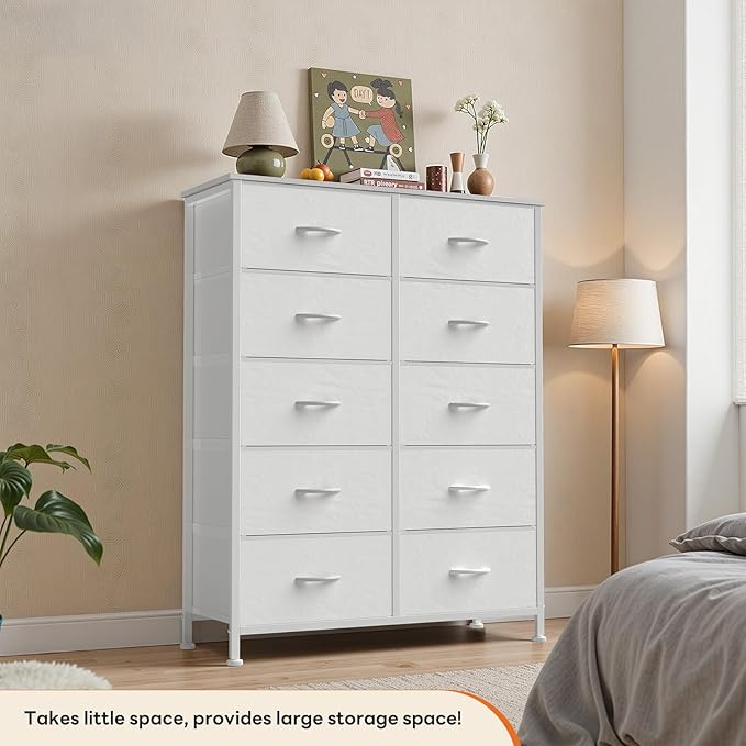 Sweetcrispy White Dresser for Bedroom, 10 Drawer Tall Dresser, Fabric Storage Tower with Bins, Chest Organizer Unit for Bedroom Closet, Hallway, Steel Frame Wood Top, Easy Pull Handle