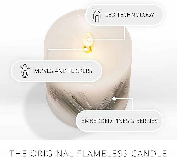 Luminara Embedded Flameless LED Candle - Pine Berries 3.5" x 4.5" - Moving Flame Pillar, Battery Operated Timer, Real Wax, Unscented, Safe