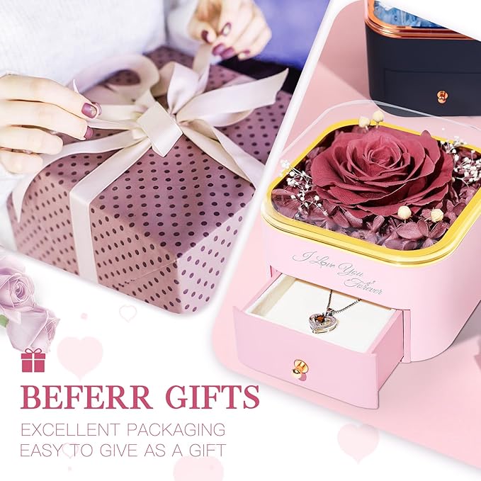 Beferr Mothers Day Forever Rose with Necklace for Mom Birthday Gifts Preserved Roses Eternal Flower for Delivery Fresh Flowers Gifts for Mother Wife Her Grandma Sister Daughter Girls Friends