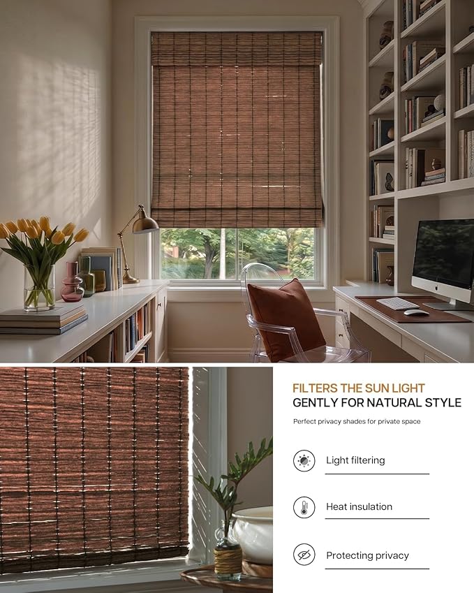 LazBlinds No Drill Cordless Roman Shades for Windows, Light Filtering Privacy Protection Thermal Insulation UV Blocking Natural Panama Weave Fabric Blinds for Windows, 33" W x 64" H, Natural