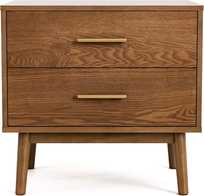 Furniture of America Wyatt Modern Solid Wood Nightstand with Drawers and Round Tapered Legs, Small Bedside Table, Wooden Night Stand for Bedroom, Guest Room, Dorm, Walnut