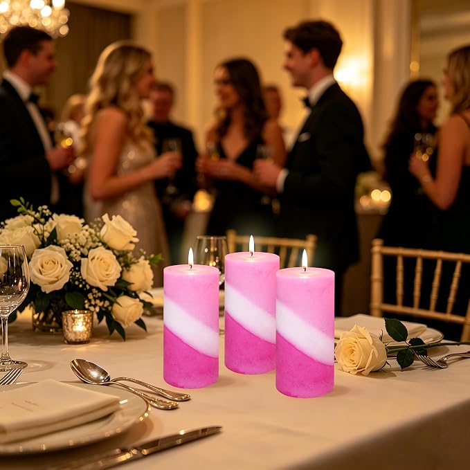 French Rose Scented Pillar Candles, 100% Cotton Core Handmade Striped Paraffin Wax Candles Decorative for Home Wedding Dating, 70H+ Burn Time|1PC, 3x6 Inch Set of 3
