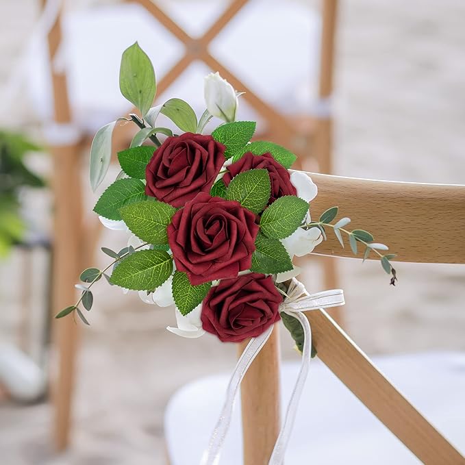 Mocoosy 50Pcs Burgundy Roses Artificial Flowers, Burgundy Fake Rose for Decoration, Real Touch Foam Rose Bulk with Stem DIY Wedding Bouquet Bridal Shower Mother's Day Floral Arrangement Party Decor