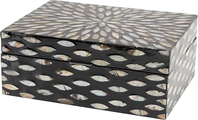 Deco 79 Mother of Pearl Shell Decorative Box Geometric Floral Decorative Keepsake Boxes with Beige Accents, Set of 2 Storage Boxes 12", 8"W, Black