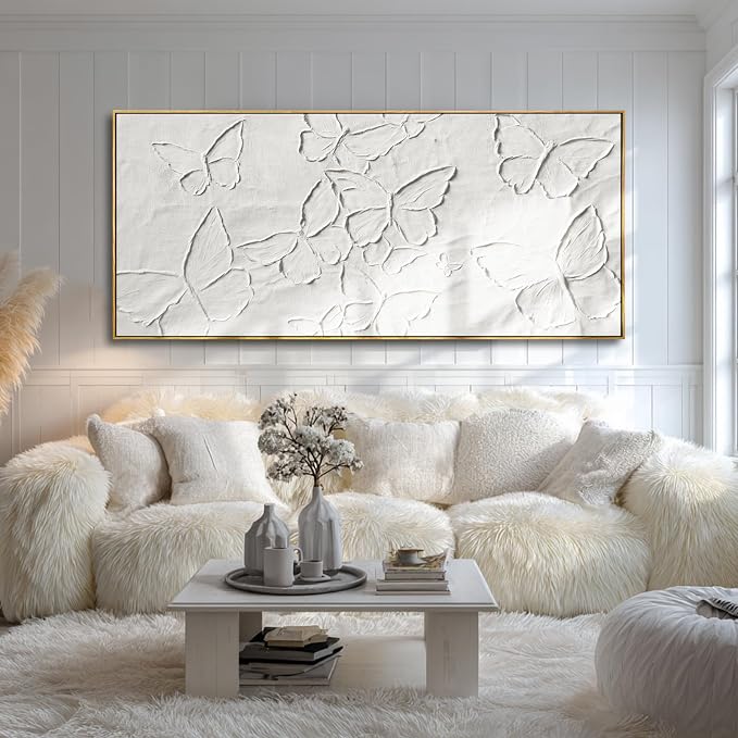 Hand-painted Butterfly Canvas Wall Art, 32x70 Inch White Abstract Framed Artwork for Living Room Decor