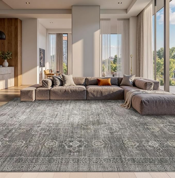 Rugxara 10x14 Area Rugs for Living Room Bedroom, Large Washable Rug, Grey Vintage Retro Boho Rug, Non Slip & Low Pile Faux Wool Thin Carpet for Indoor Dining Room and Kids Room(Taupe/Grey 10x14ft)
