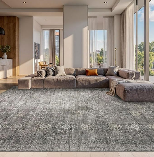 Rugxara 10x14 Area Rugs for Living Room Bedroom, Large Washable Rug, Grey Vintage Retro Boho Rug, Non Slip & Low Pile Faux Wool Thin Carpet for Indoor Dining Room and Kids Room(Taupe/Grey 10x14ft)