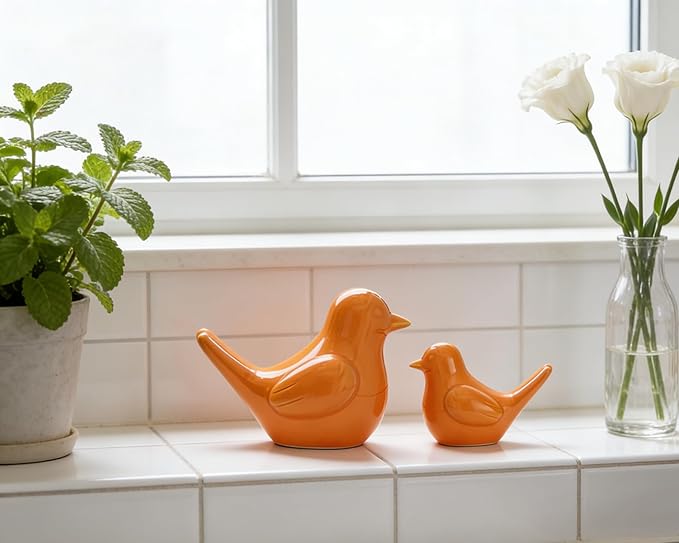 Small Orange Bird Statue Ceramic 2-Piece Set, 3¾ inch Cute Knick Knack for Home Office Shelf Desk Decor