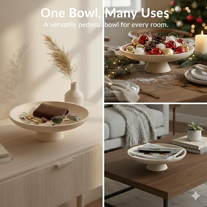 12 Inch Concrete Pedestal Catch All Fruit Key Decorative Bowl Beige | Heavy duty concrete pedestal fruit key bowl with cork base, decor for kitchen counter, entryway & coffee table storage