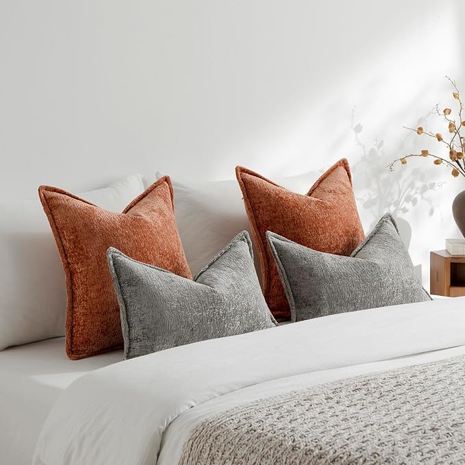 DEZENE Pack of 2 Burnt Orange Fall Euro Shams Pillow Covers 26x26 Cozy Soft Chenille Decorative Throw Pillow Covers Accent Vintage Square Couch Pillow Covers for Home Decor Bed Sofa Living Room