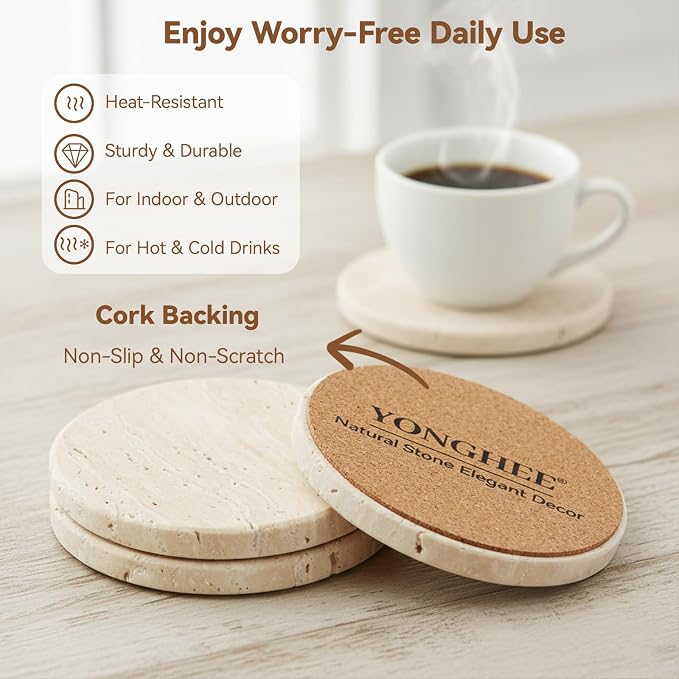 Travertine Marble Coasters Set of 4, 4" Round Rustic Farmhouse Drink Coasters for Coffee Table Decor, Thick Heavy Stone Coaster with Cork Backing, New Home Accent, Gift Boxed for Housewarming