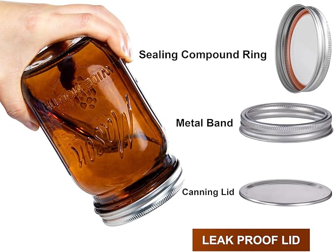 Rubtlamp Amber Mason jar 32 oz, 12 Pack Glass Jars - Wide Mouth Mason Jars with Airtight Lids for Pickling, Fermenting, Food Storage&DIY Crafts, Microwave & Dishwasher Safe