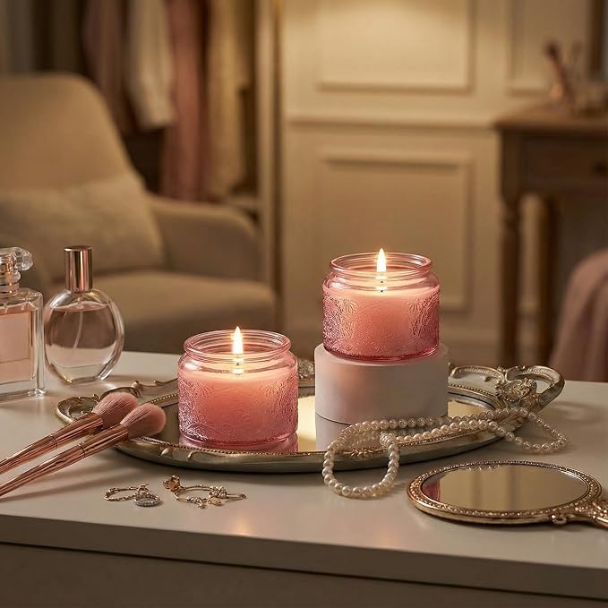 4 oz Pink Mandala Glass Candle Jars with Bamboo Lids, 18 Pack | Patented Embossed Design, Includes Wick Centering Devices & Warning Labels, Multiple Color Options
