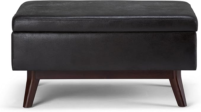 SIMPLIHOME Owen Coffee Table Storage Ottoman - 34" Wide x 19" High Upholstered Vegan Leather Rectangular Lift-Top Ottoman in Distressed Black, Mid-Century Bench for Living Room with Tapered Legs