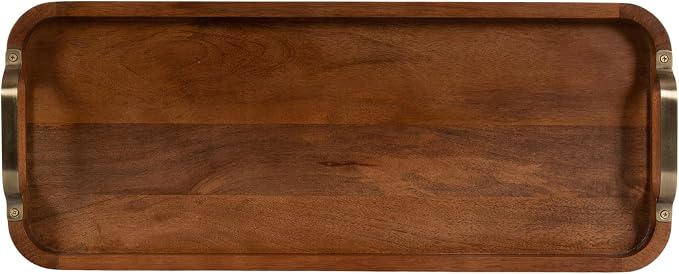 Kate and Laurel Farson Modern Decorative Wood Rectangle Tray with Handles; 10 x 24; Walnut Brown and Antique Brass; Transitional Rectangular Tray for Use as Entryway Tray Decor or Ottoman Serving Tray