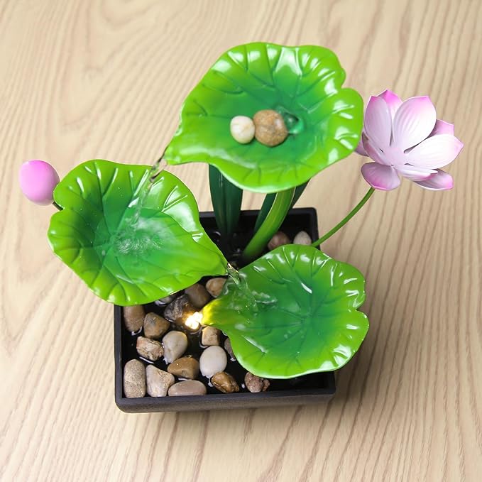Water Fountain Indoor Waterfall Fountain 3-Tier Tabletop Fountain Lotus Desk Relaxation Home Decor Including Lots of Rocks and Soothing Sound Machine (Green 1)