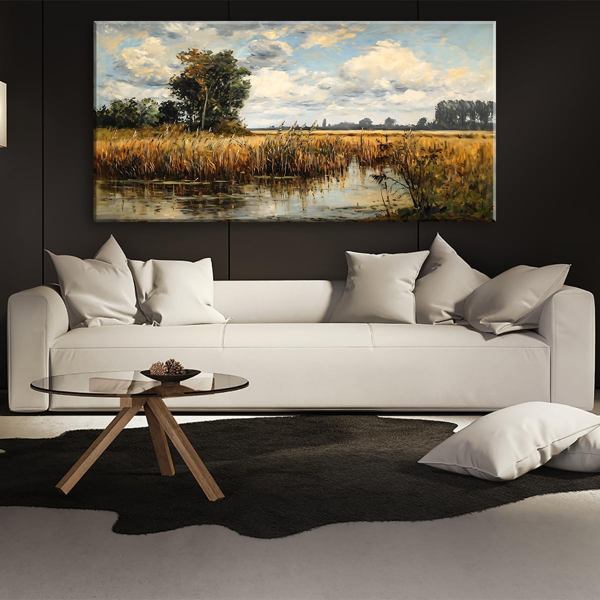 LASMOND Beautiful Wilderness Meadow Canvas Wall Art Oil Painting Reproduction Print Vintage Wildflower Field Scenery Countryside Landscape Tree Rustic Retro Decor Artwork for Country Farmhouse Bedroom 20x40 Inches