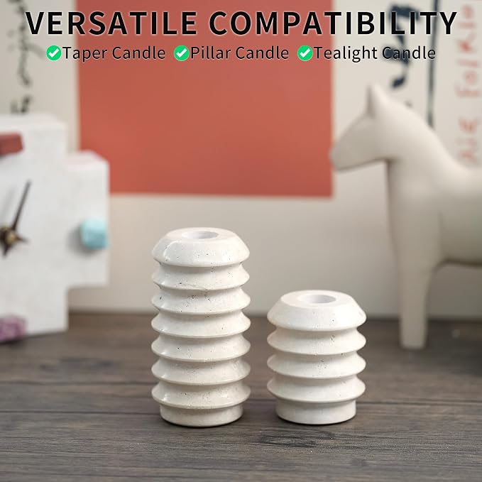 Travertine Marble Candlestick Holders - Set of 2 Stone Candle Sticks Holder Decor, Decorative Modern Candle Stands for Taper Candles