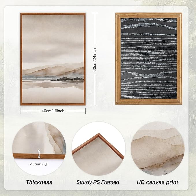 LHIUEM Abstract Mountain Brown Framed Canvas Wall Art,Neutral Watercolor Landscape Wall Decor,Minimalist Grey Beige Lake Artwork for Living Room,Bedroom,Dining Room,Office -16"x24"x3