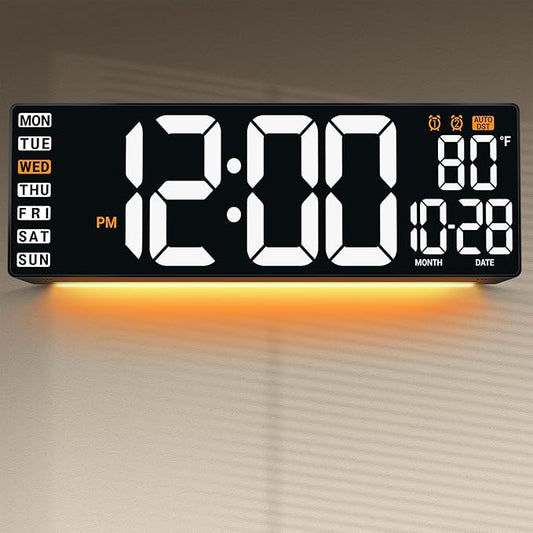 16.5" Large Digital Wall Clock with Remote Control, Auto-Dimming LED Display with Date Temp, Big Number Wall Mount Decor Clock for Seniors, Classroom, Dorm, Home, Office, Gym White